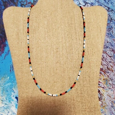 Light Blue, Black, Gold, Red, and White beaded necklace - Lobster Clasp (B) - Image 1 of 4