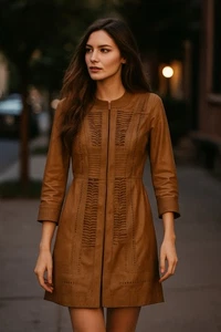 Cappotto pelle marrone Elie Tahari taglia XS taglio reticolo designer boho chic - Foto 1 di 15
