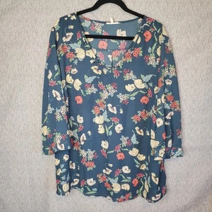 Blusa camisa Maurices para mujer talla grande 2 cuello en V verde azulado floral manga 3/4 semi transparente - Imagen 1 de 9