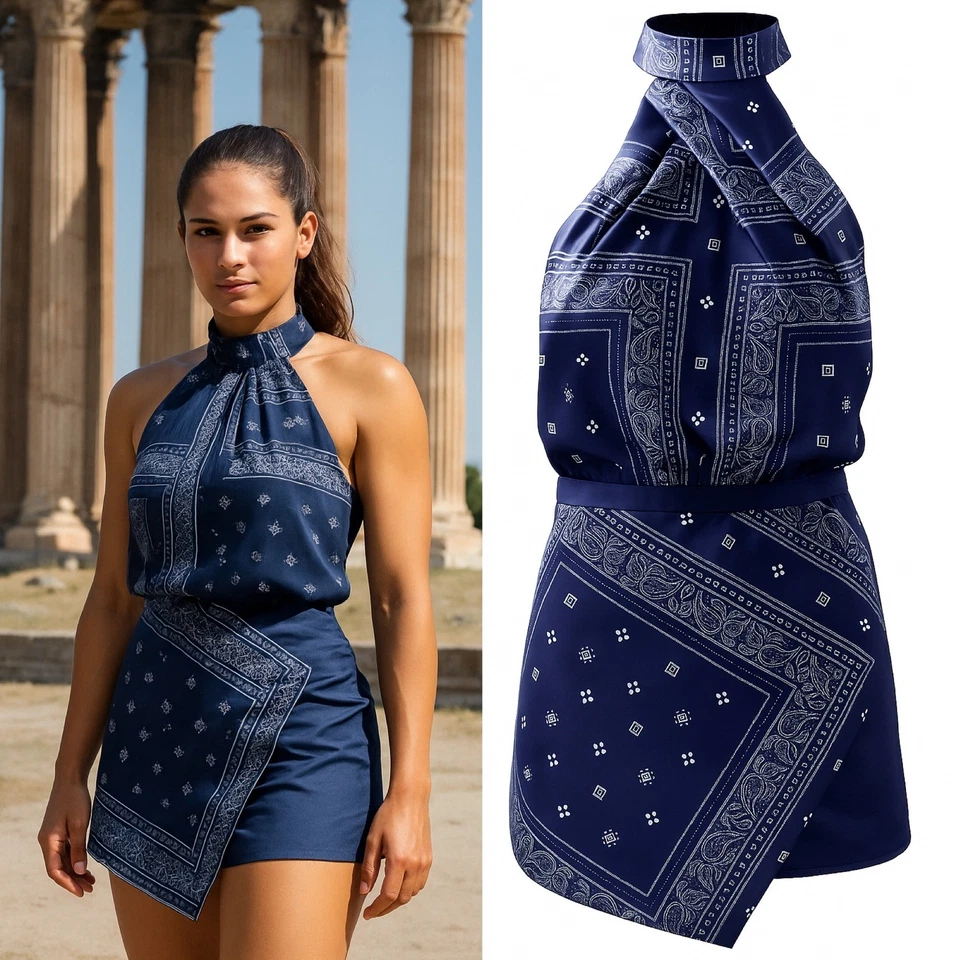 Mini Vestido Asimétrico STYLESTALKER Azul Estampado Bandana Cuello Halter Talla M Foto 1 de 4