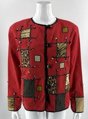 Chaqueta Blazer Julia Kim Roja Talla Grande Rojo Estampado Leopardo Parches Almohadillas para el Hombro Foto 1 de 4