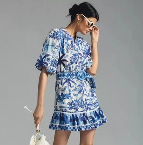 ๐$230 FARM RIO SZ XL X LARGE BLUE SWEET RIO PUFF SLEEVE BELTED MINI DRESS NWT - Picture 1 of 6