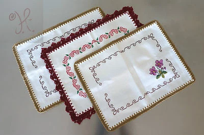 NEW HANDMADE COFFEE TABLE MAT LINEN SET OF 3 (15X11) WHITE RED GREEN COTTON - Image 1 of 4