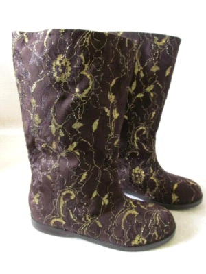 Lace Satin Boots Joan Boyce Brown Gold Mid-Calf Size 9M Low Block Heel NEW - Image 1 of 4