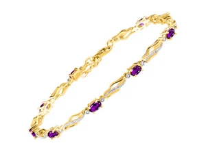 RYLOS AMETHYST & DIAMOND TENNIS BRACELET YELLOW GOLD PLATED SILVER 7-8"  - Afbeelding 1 van 6