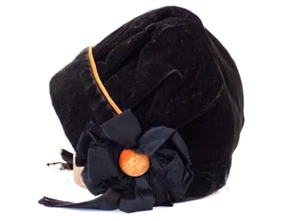 Antique Victorian Mourning Bonnet Black & Orange Velvet Quilted Hand Made Hat - Bild 1 von 13