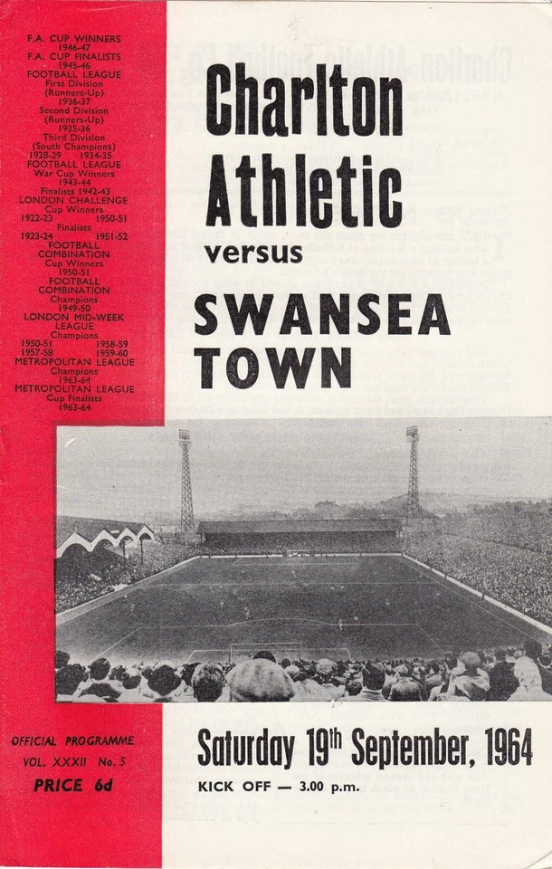 Charlton Athletic v Swansea Town 1964/5 (19 Sep). - Image 1 of 1