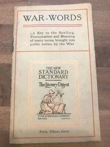 WW I Dictionary Pamphlet WAR - WORDS Funk & Wagnalls 1915 - Great Condition - Picture 1 of 10