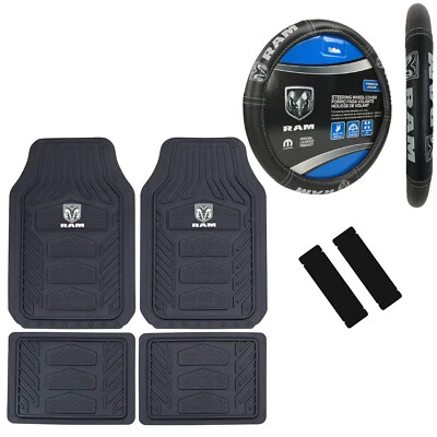 New 7pcs Dodge RAM Gray Logo Car Truck Rubber Floor Mats Steering Wheel Cover Foto 1 de 4