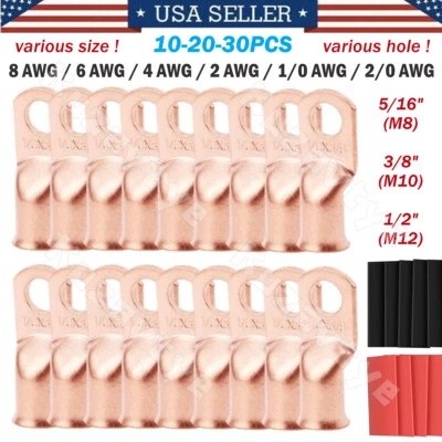 10/30Pcs Copper Battery Lugs Ring Terminals Cable Ends 1/0,2 AWG Wire Connectors - Image 1 of 4