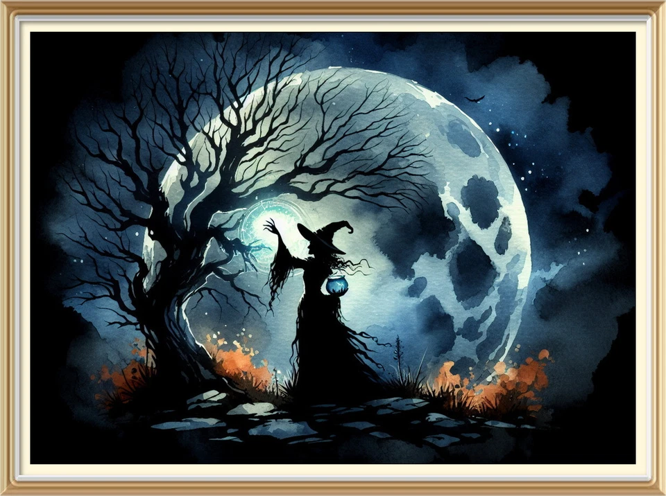 Arte de decoração de Halloween bruxa pagã lua cheia arte gótica H21 - Imagem 1 de 1