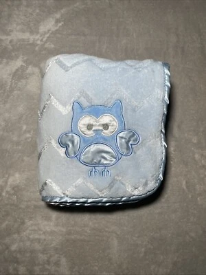 Blue Baby Blanket Owl Zig Zag Chevron Reversible Fleece Lovey Satin Trim 30"x40" - Image 1 of 4