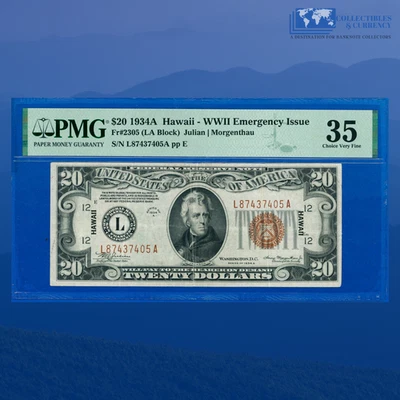 Fr.2305 1934A $20 FRN Brown Seal "HAWAII" Emergency Issue, PMG VF 35 #37405 - Image 1 of 3