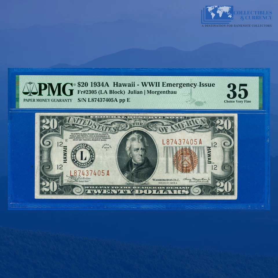 Fr.2305 1934A $20 FRN Brown Seal "HAWAII" Emergency Issue, PMG VF 35 #37405 - Image 1 of 3