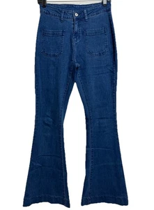 Women’s High Rise Super Flare Jeans Small 28x30 Stretch Dark Wash Y2K Style - Picture 1 of 18