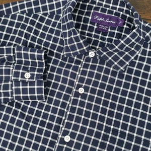 Ralph Lauren Purple Label Mens Long Sleeve Button Up Shirt Blue White Check Sz L - Picture 1 of 7