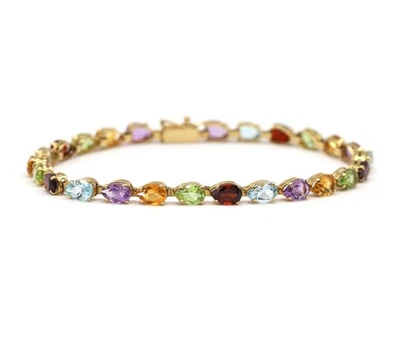 Pear Gemstone Multi-Color Semi Precious 14K Yellow Gold Tennis Bracelet 7” - Image 1 of 4