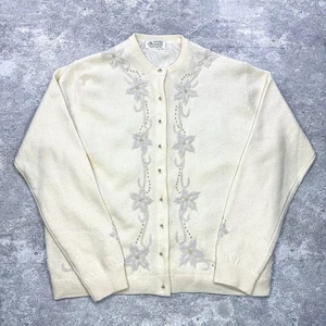 Vintage Herald Beaded Angora Wool Cardigan Cream Floral 44 Made in Hong Kong - Picture 1 of 11