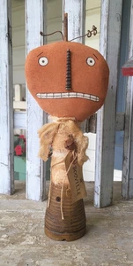 Primitive Handmade "Booville" Pumpkin On A Repro Spool Shelf Sitter Halloween - Picture 1 of 5