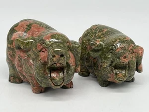 Unakite Pig Set Stone Natural Mineral Carving Green Pink Figure - 2.5" / 2.2" - Picture 1 of 10