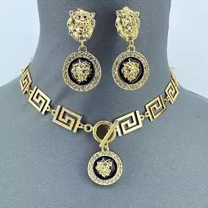 Gold finish Greek Symbol Chocker Necklace with Lion Head Pendant and Earrings - Picture 1 of 6