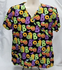 V Life Scrub Halloween Boo Black with Bright Colored Pattern Double Pockets - Picture 1 of 3