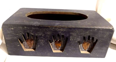 Wood Tissue Cover Case VTG Box Hands & Hearts Dark Blue Gingham Country 1970-80s - Image 1 of 4