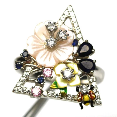 925 Silver Mother Of Pearl, Sapphire & Zircon Jewelry Ring Size 6 Christmas - Image 1 of 4