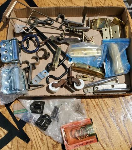 Lot Vintage Hardware Hinges Hangers Hooks Miscellaneous Fixtures Pieces Metal Cover