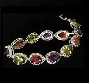 14k White Gold Filled Tennis Bracelet made w Swarovski Multicolor Crystal 7.5" - Picture 1 of 12