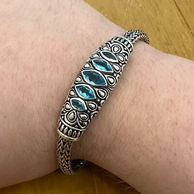 Pulsera Bali Plata con Topacio Azul Hecha con Plata de Ley - Diseño Filigrana Foto 1 de 4