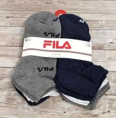 Fila Mens Blur Gray White Allover Logo Low Cut Socks Shoe Size 4-10 Pair Of 6 - Image 1 of 4