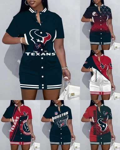Houston Texans Women's Snap Button Varsity Dress Short Sleeve Jacket Dress Gift Cover