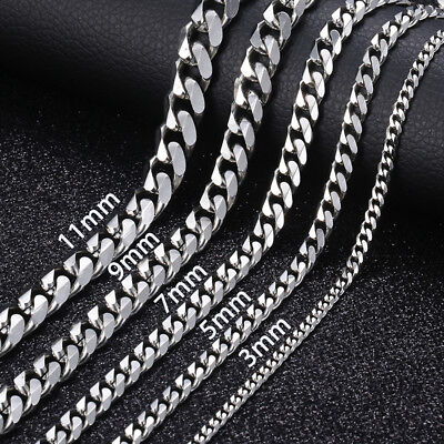 16-36  Stainless Steel Silver Chain Cuban Curb Womens Mens Necklace 3/5/7/9/11mm • 13.29$