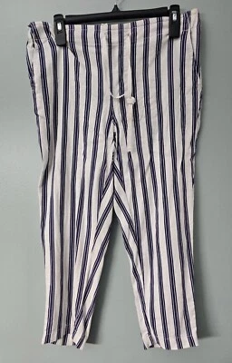 Linen Ankle Pants Women's Faded Glory Comfortable Loose Fit White & Blue Size 14 - Image 1 of 3