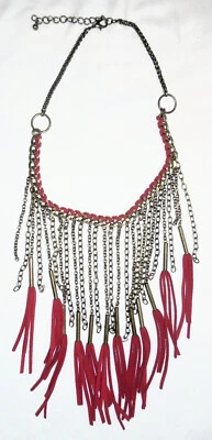 Metal Chain Fringe Necklace Brass Tone Red Suede Tassels Long Boho Statement - Image 1 of 4