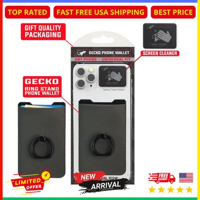 Cartera de teléfono Gecko con anillo - Portatarjetas universal gris adhesivo para teléfonos inteligentes Foto 1 de 4