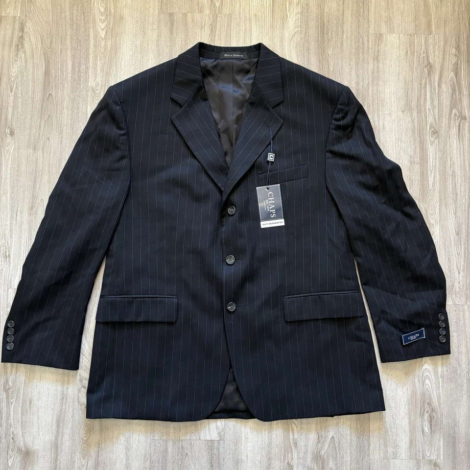 Chaps Mens 100 Wool Sport 42 Jacket Blazer Lined Black Pinstripe Coat 42l