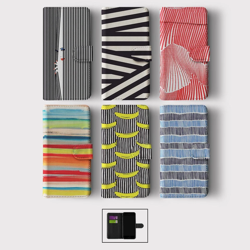 CASE FOR IPHONE 16 16E 15 14 12 12 PRO WALLET FLIP PHONE COVER STRIPES LINES B&W - Image 1 of 1