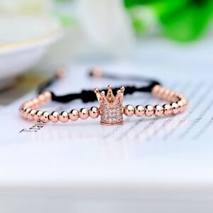 Fashion 18k Gold Plated CZ Crown 4mm Beads Braided Macrame Bracelet For Men