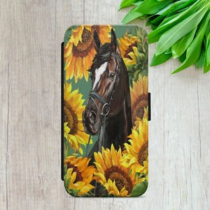 HORSE FLIP CASE FOR IPHONE SAMSUNG GOOGLE SUNFLOWER FLORAL WALLET PHONE COVER - Picture 1 of 17