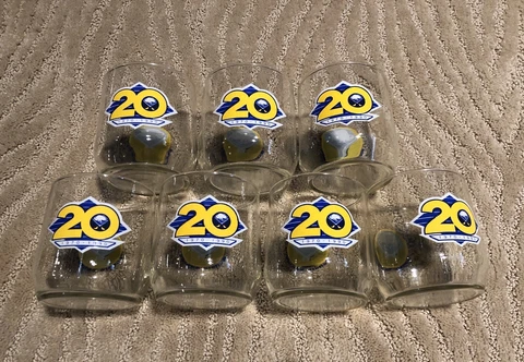 Set Of 7 Vintage Buffalo Sabres 20th Year Anniversary Whiskey Glasses 90s Nhl Cover
