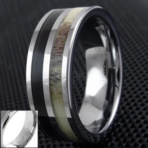8mm Tungsten Men's Deer Antler and Wood Wedding Band Ring - Engraving Available - Picture 1 of 5
