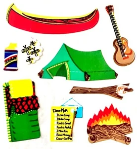 *VINTAGE* TENT CANOE CAMPFIRE SLEEPING BAG CAMPING Kromekote Sandylion Stickers - Picture 1 of 1