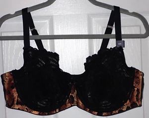 NEW Lane Bryant Cacique Bra 42C Black Lace &Animal Print Trim Unlined Balconette - Picture 1 of 7
