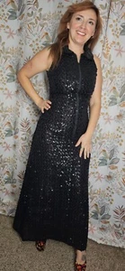 Vintage Lillie Rubin Black Sequin Zip Front Maxi dress Size 6 - Picture 1 of 4