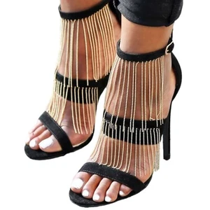 Topshop Sandals Fringed Chain Heels Velvet Black Party Barely There size UK 4 - Picture 1 of 16