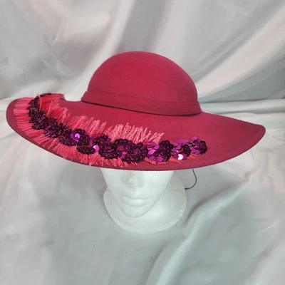 De colección Bellini NY Doeskin Lana Fieltro Ala Ancha Sombrero Rosa Lentejuelas Bollman EE. UU. Foto 1 de 4