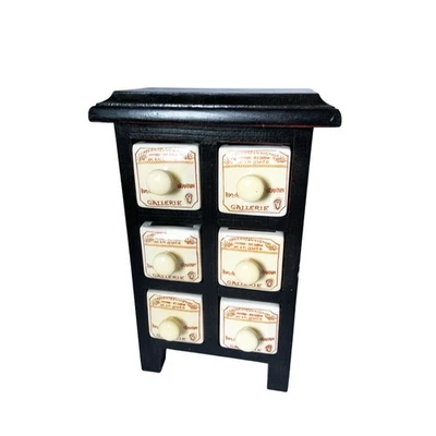 Estante de especias boticario francés vintage con tema de vino caja de madera 6 cajones de porcelana Foto 1 de 4