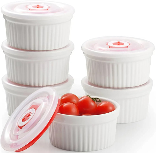 Dafuceramic 12oz Porcelain Ramekins in White with Lids - Set of 6 ...
